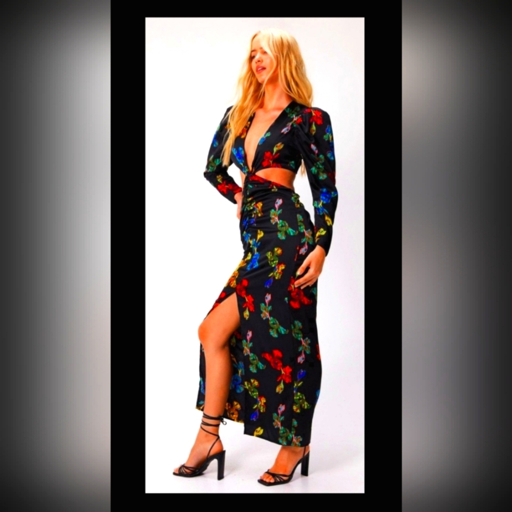Maxi Dress Satin Inspired Cutout Long Sleeves Lightweight Designer M NWT